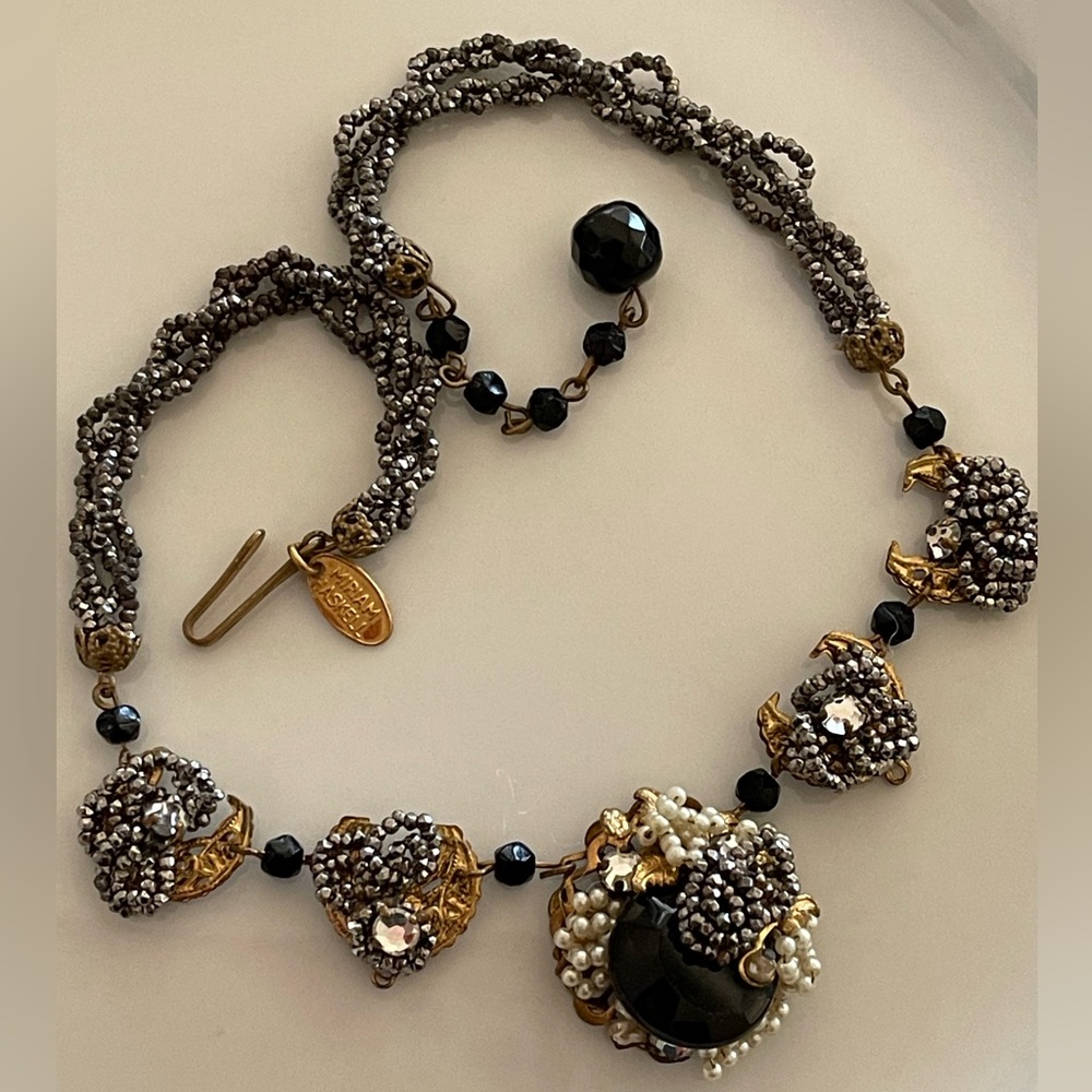 Haskell Diamonte Pearl Gold Filigree Black Pendant Signed Vintage Necklace